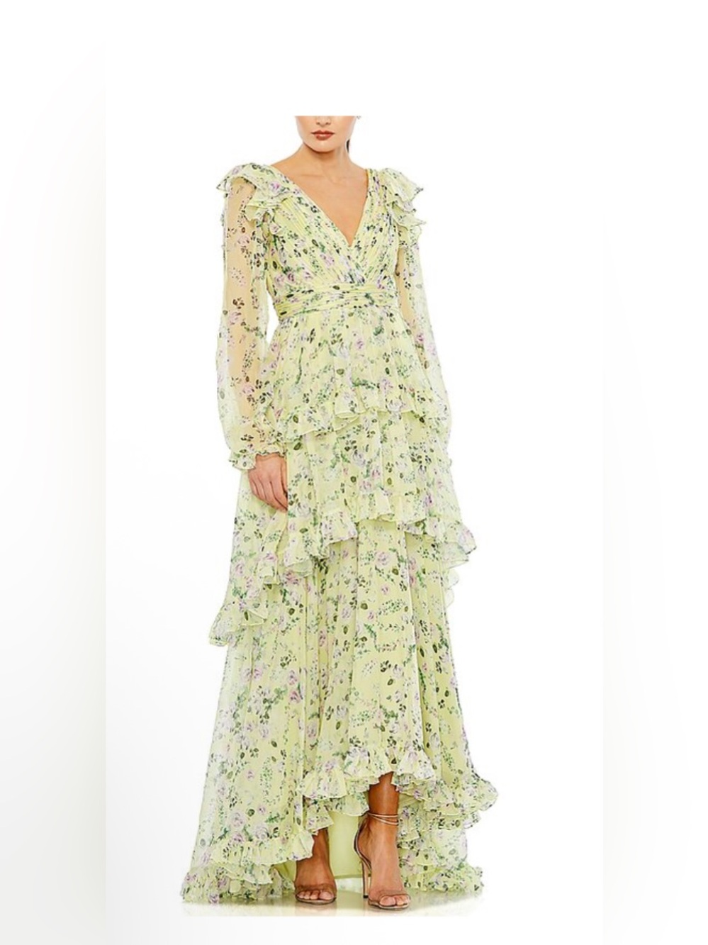 Mac Dougal Floral Ruffle V-Neck Maxi Dress in Light Yellow